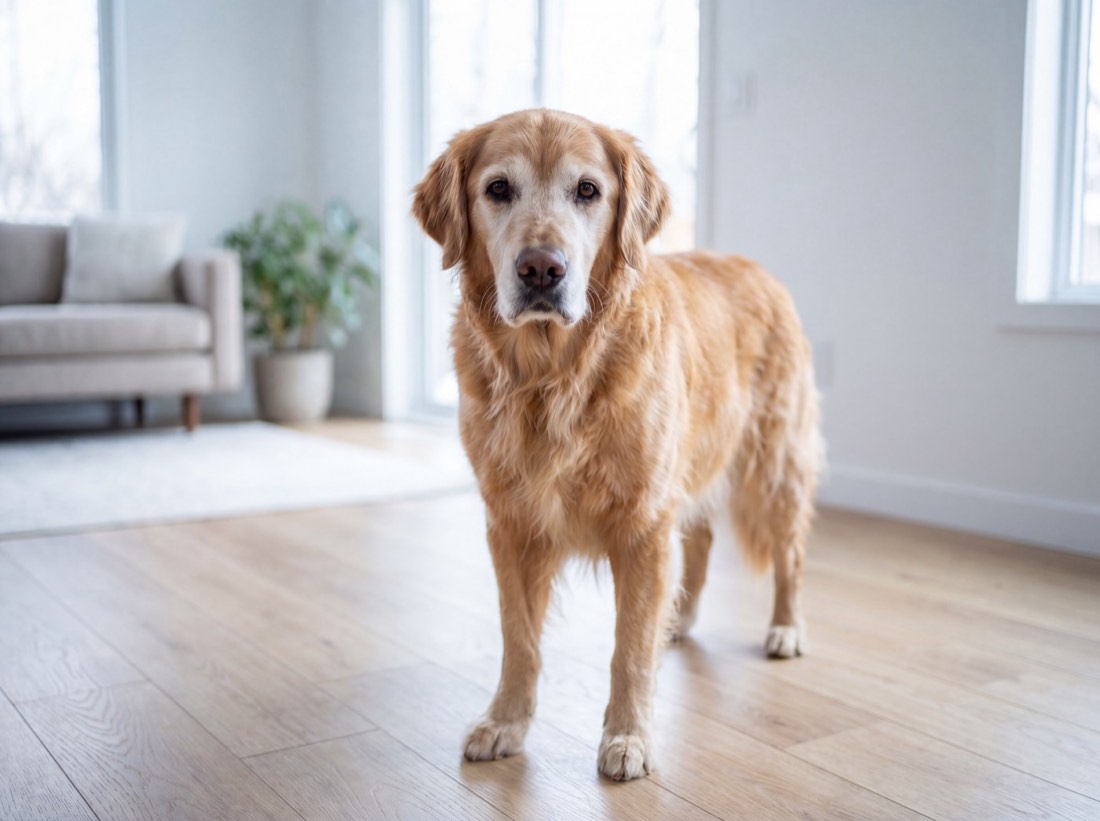 A senior golden retriever with a greying muzzle standing calmly in a bright living room